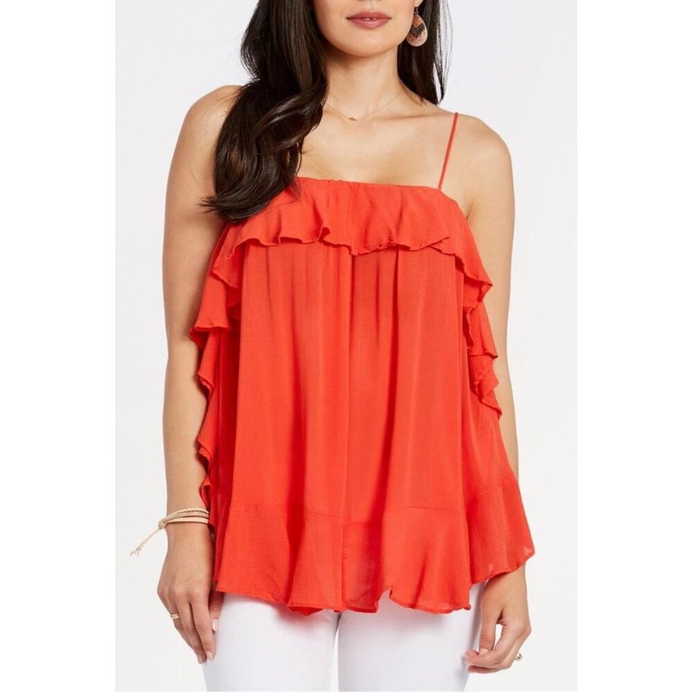 Free People Cascades Ruffle Cami Size XS Coral Red Orange Flowy - Picture 5 of 9